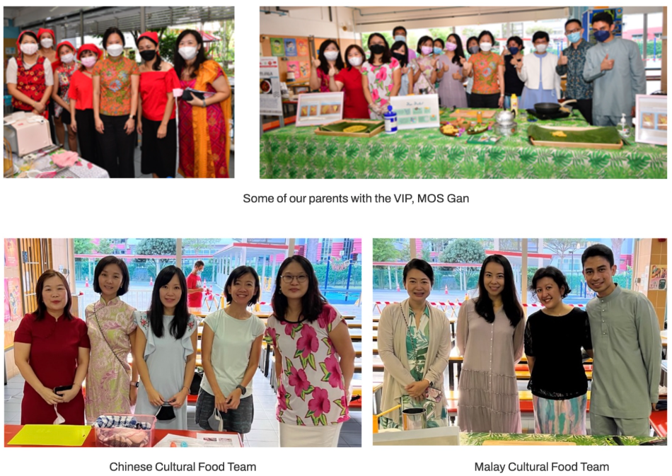 Parent volunteers of Yangzheng Primary School posing at the canteen with multicultural food